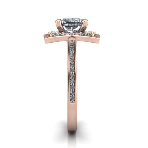 Allie cushion floral halo engagement ring in 14K Rose Gold, side profile showing the pav&eacute; band and the vintage floral halo profile