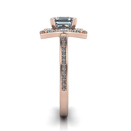 Allie square emerald floral halo engagement ring in 18K Rose Gold, side profile showing the pav&eacute; band and the vintage floral halo profile
