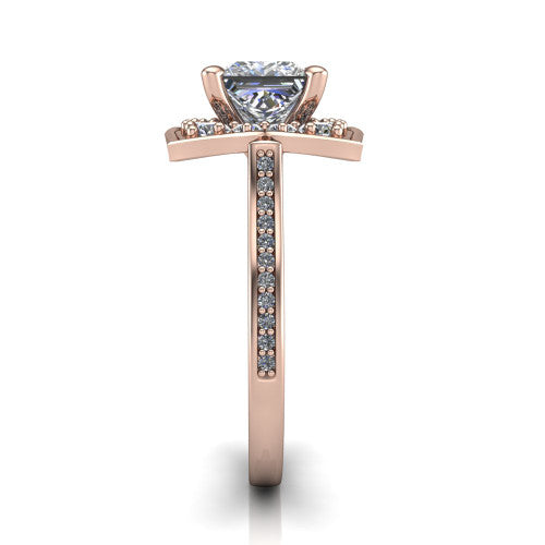 Allie princess floral halo engagement ring in 14K Rose Gold, side profile showing the pav&eacute; band and the vintage floral halo profile