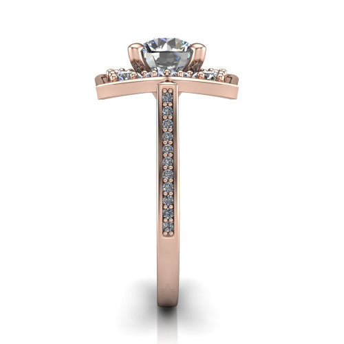 Allie round floral halo engagement ring in 14K Rose Gold, side profile showing the pav&eacute; band and the vintage floral halo profile