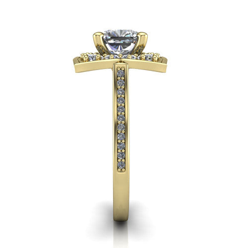 Allie cushion floral halo engagement ring in 14K Yellow Gold, side profile showing the pav&eacute; band and the vintage floral halo profile