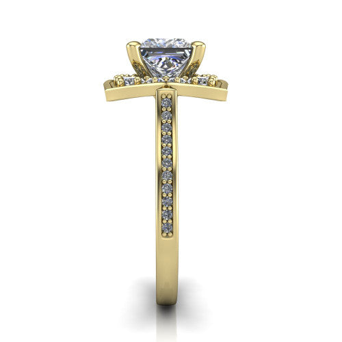 Allie princess floral halo engagement ring in 18K Yellow Gold, side profile showing the pav&eacute; band and the vintage floral halo profile