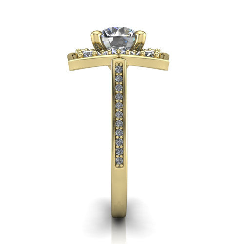 Allie round floral halo engagement ring in 14K Yellow Gold, side profile showing the pav&eacute; band and the vintage floral halo profile