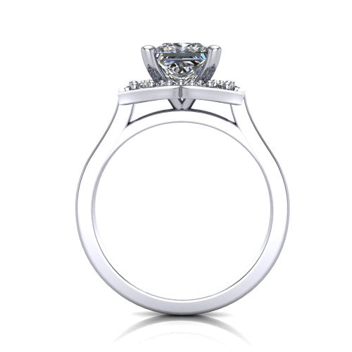 Allie princess floral halo engagement ring in 14K White Gold, through-finger front profile showing the floral halo head raised above the pav&eacute; band
