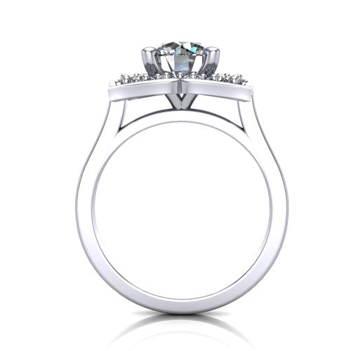 Allie round floral halo engagement ring in 14K White Gold, through-finger front profile showing the floral halo head raised above the pav&eacute; band