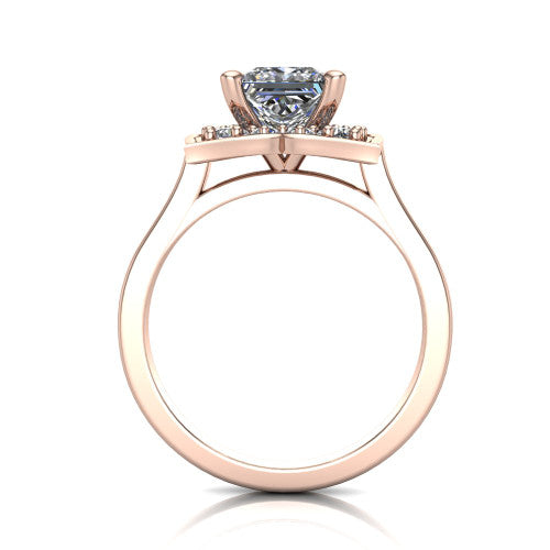 Allie princess floral halo engagement ring in 14K Rose Gold, through-finger front profile showing the floral halo head raised above the pav&eacute; band