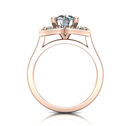 Allie round floral halo engagement ring in 18K Rose Gold, through-finger front profile showing the floral halo head raised above the pav&eacute; band