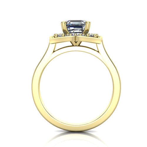 Allie square emerald floral halo engagement ring in 14K Yellow Gold, through-finger front profile showing the floral halo head raised above the pav&eacute; band