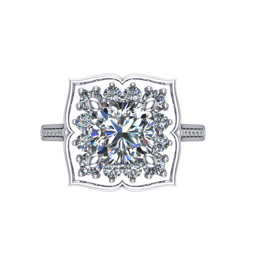 Allie cushion floral halo engagement ring in 14K White Gold, top-down view showing the quatrefoil floral halo framing the center from above