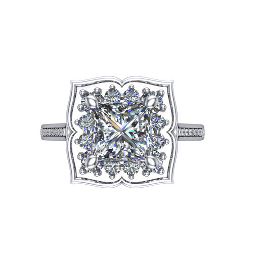 Allie princess floral halo engagement ring in Platinum, top-down view showing the quatrefoil floral halo framing the center from above