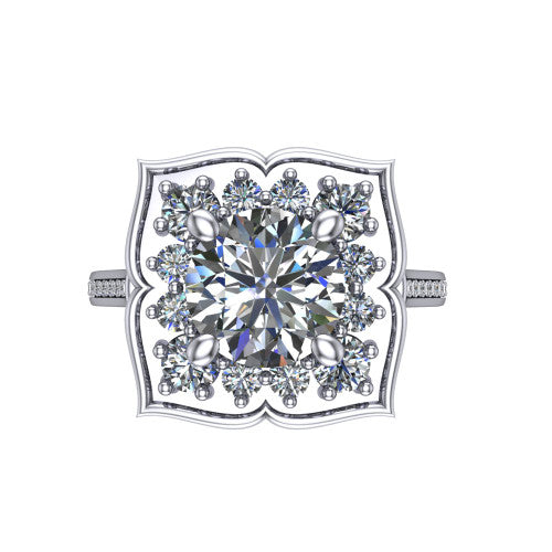 Allie round floral halo engagement ring in Platinum, top-down view showing the quatrefoil floral halo framing the center from above