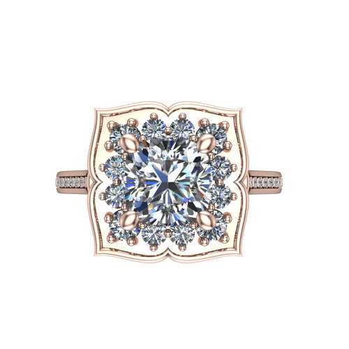 Allie cushion floral halo engagement ring in 18K Rose Gold, top-down view showing the quatrefoil floral halo framing the center from above