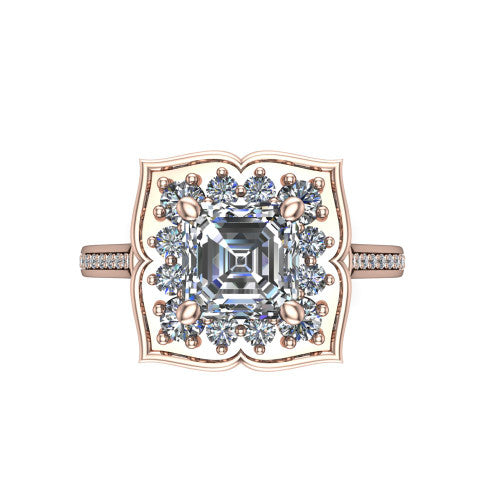 Allie square emerald floral halo engagement ring in 14K Rose Gold, top-down view showing the quatrefoil floral halo framing the center from above