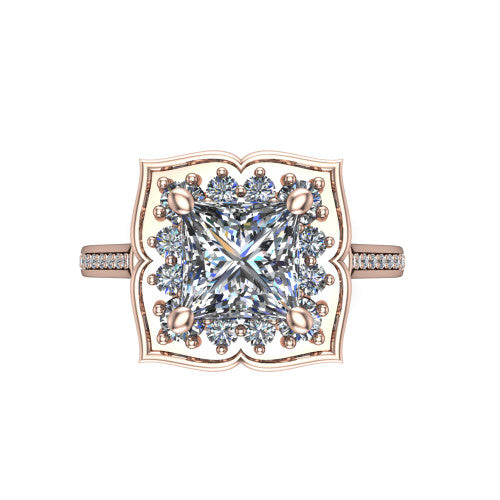 Allie princess floral halo engagement ring in 14K Rose Gold, top-down view showing the quatrefoil floral halo framing the center from above