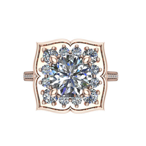 Allie round floral halo engagement ring in 18K Rose Gold, top-down view showing the quatrefoil floral halo framing the center from above