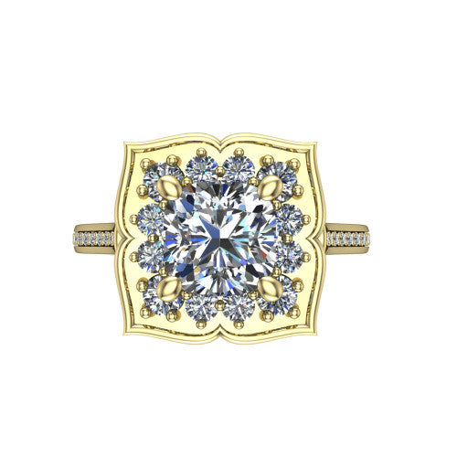 Allie cushion floral halo engagement ring in 14K Yellow Gold, top-down view showing the quatrefoil floral halo framing the center from above