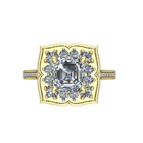 Allie square emerald floral halo engagement ring in 14K Yellow Gold, top-down view showing the quatrefoil floral halo framing the center from above