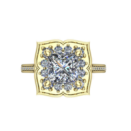 Allie princess floral halo engagement ring in 14K Yellow Gold, top-down view showing the quatrefoil floral halo framing the center from above