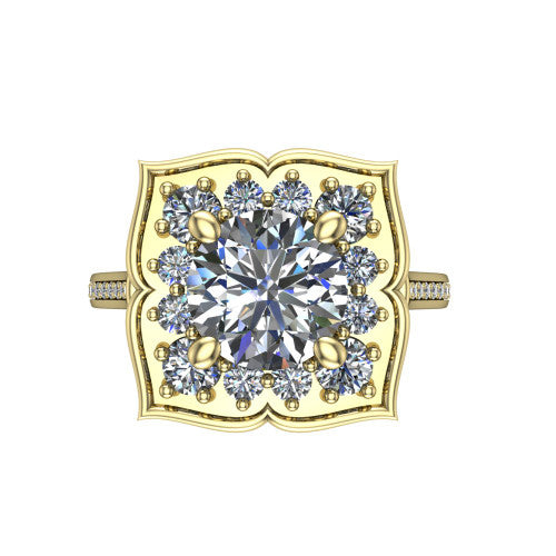 Allie round floral halo engagement ring in 14K Yellow Gold, top-down view showing the quatrefoil floral halo framing the center from above