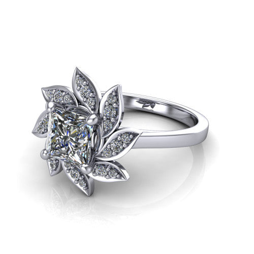 Alondra princess floral halo engagement ring in 14K White Gold, three-quarter perspective showing the center surrounded by pav&eacute; petals radiating like a flower above a plain band