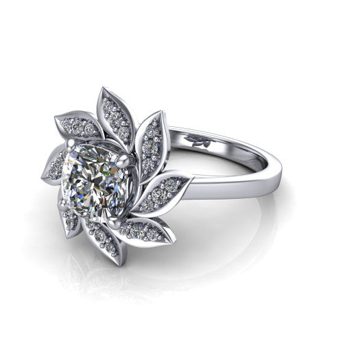 Alondra cushion floral halo engagement ring in 14K White Gold, three-quarter perspective showing the center surrounded by pav&eacute; petals radiating like a flower above a plain band