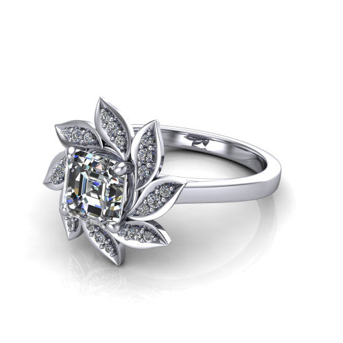 Alondra square emerald floral halo engagement ring in 14K White Gold, three-quarter perspective showing the center surrounded by pav&eacute; petals radiating like a flower above a plain band