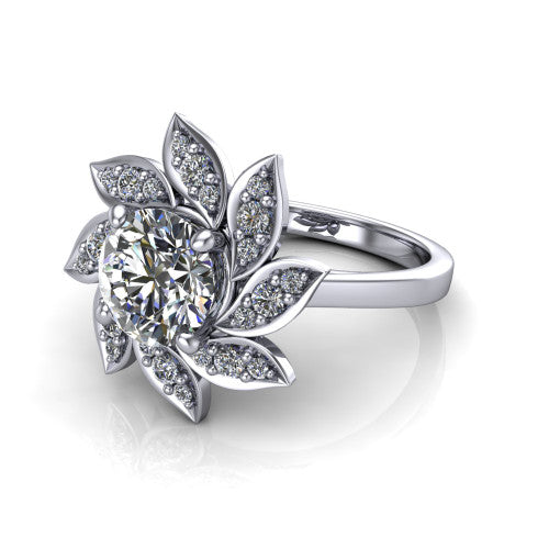 Alondra round floral halo engagement ring in Platinum, three-quarter perspective showing the center surrounded by pav&eacute; petals radiating like a flower above a plain band