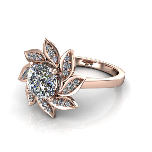Alondra cushion floral halo engagement ring in 18K Rose Gold, three-quarter perspective showing the center surrounded by pav&eacute; petals radiating like a flower above a plain band
