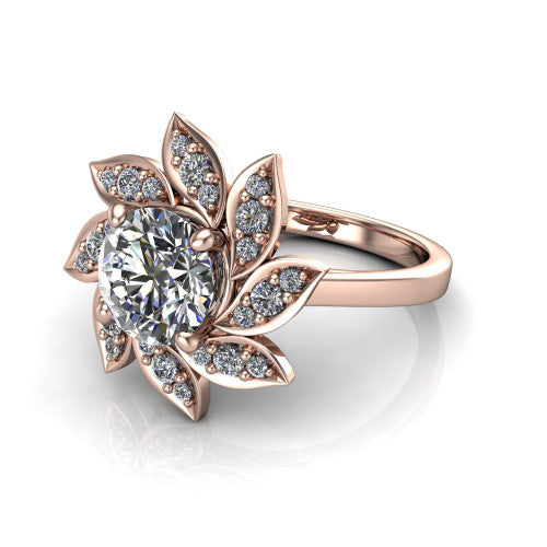 Alondra round floral halo engagement ring in 18K Rose Gold, three-quarter perspective showing the center surrounded by pav&eacute; petals radiating like a flower above a plain band