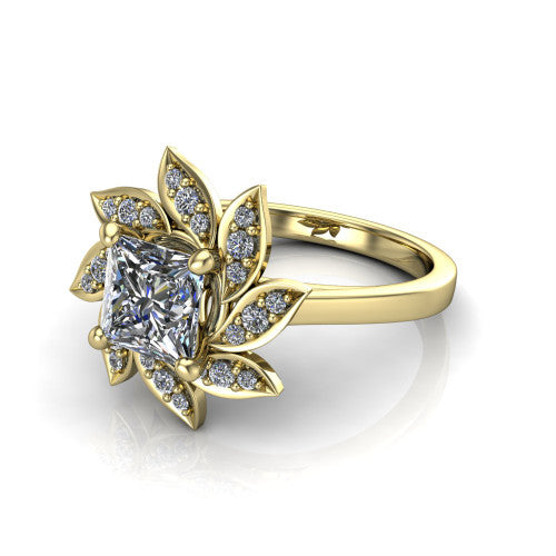 Alondra princess floral halo engagement ring in 14K Yellow Gold, three-quarter perspective showing the center surrounded by pav&eacute; petals radiating like a flower above a plain band