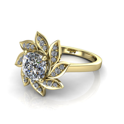 Alondra cushion floral halo engagement ring in 14K Yellow Gold, three-quarter perspective showing the center surrounded by pav&eacute; petals radiating like a flower above a plain band