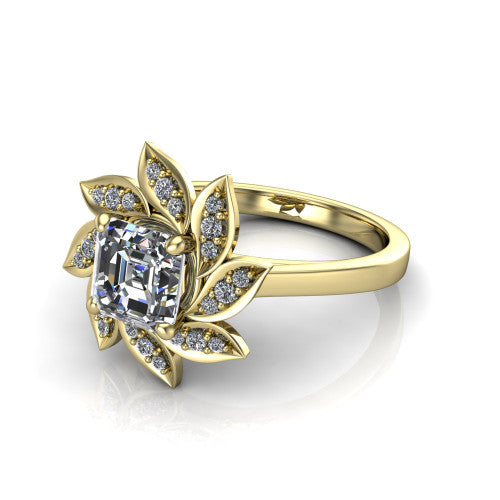 Alondra square emerald floral halo engagement ring in 18K Yellow Gold, three-quarter perspective showing the center surrounded by pav&eacute; petals radiating like a flower above a plain band
