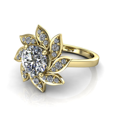 Alondra round floral halo engagement ring in 14K Yellow Gold, three-quarter perspective showing the center surrounded by pav&eacute; petals radiating like a flower above a plain band