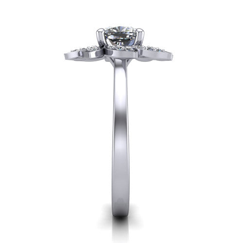 Alondra cushion floral halo engagement ring in 18K White Gold, side profile showing the plain polished band and the floral halo profile