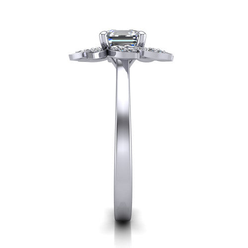 Alondra square emerald floral halo engagement ring in Platinum, side profile showing the plain polished band and the floral halo profile