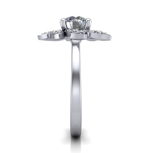 Alondra round floral halo engagement ring in 18K White Gold, side profile showing the plain polished band and the floral halo profile