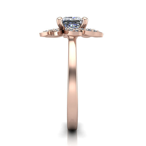 Alondra princess floral halo engagement ring in 14K Rose Gold, side profile showing the plain polished band and the floral halo profile
