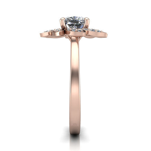 Alondra cushion floral halo engagement ring in 18K Rose Gold, side profile showing the plain polished band and the floral halo profile