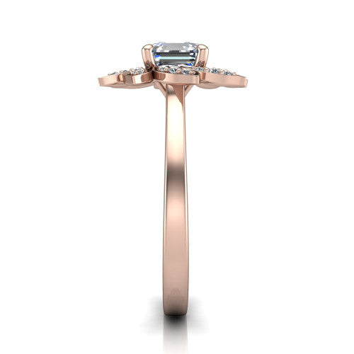 Alondra square emerald floral halo engagement ring in 14K Rose Gold, side profile showing the plain polished band and the floral halo profile