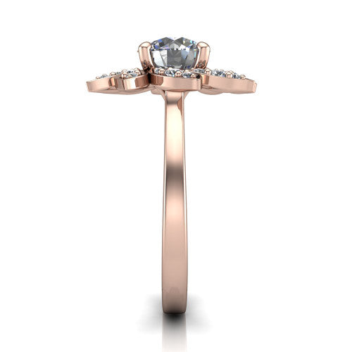 Alondra round floral halo engagement ring in 14K Rose Gold, side profile showing the plain polished band and the floral halo profile