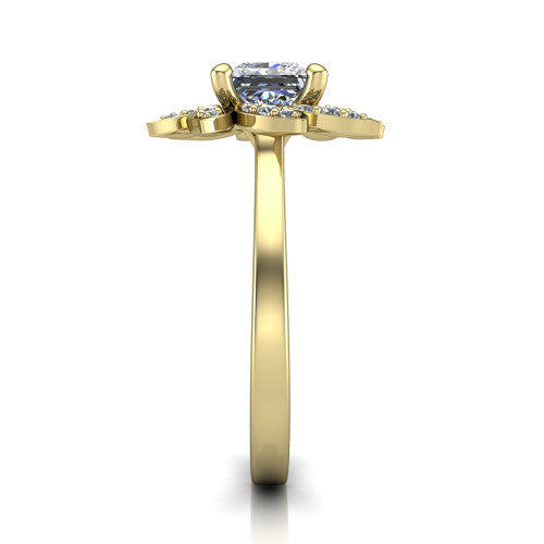 Alondra princess floral halo engagement ring in 18K Yellow Gold, side profile showing the plain polished band and the floral halo profile