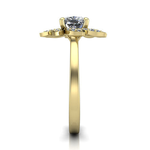 Alondra cushion floral halo engagement ring in 18K Yellow Gold, side profile showing the plain polished band and the floral halo profile