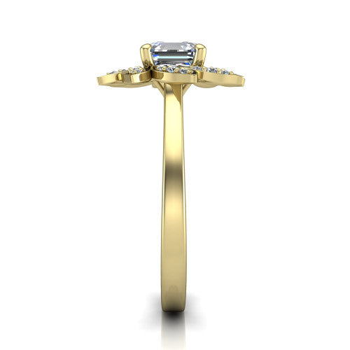 Alondra square emerald floral halo engagement ring in 14K Yellow Gold, side profile showing the plain polished band and the floral halo profile