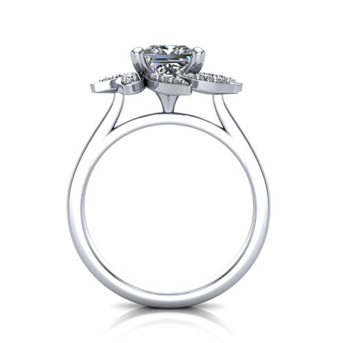 Alondra princess floral halo engagement ring in Platinum, through-finger front profile showing the petal halo head raised above the smooth band