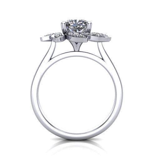 Alondra cushion floral halo engagement ring in 14K White Gold, through-finger front profile showing the petal halo head raised above the smooth band