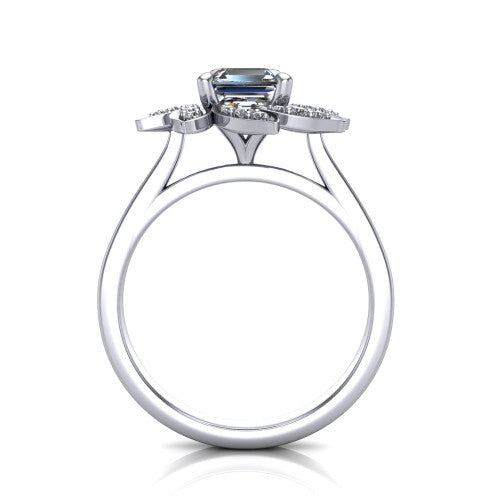 Alondra square emerald floral halo engagement ring in 14K White Gold, through-finger front profile showing the petal halo head raised above the smooth band