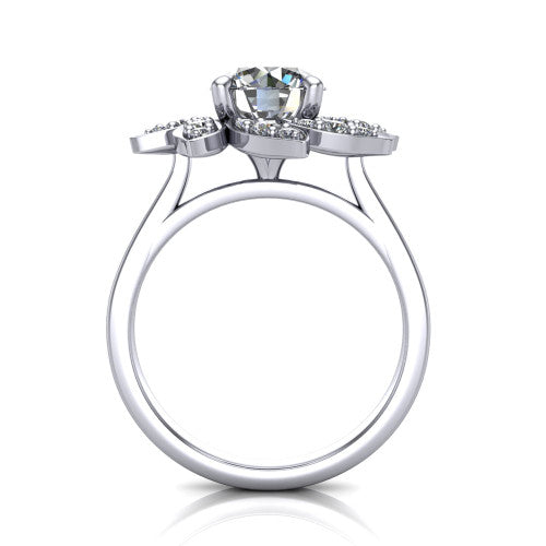 Alondra round floral halo engagement ring in 14K White Gold, through-finger front profile showing the petal halo head raised above the smooth band