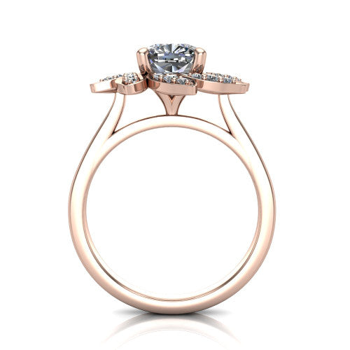 Alondra cushion floral halo engagement ring in 14K Rose Gold, through-finger front profile showing the petal halo head raised above the smooth band