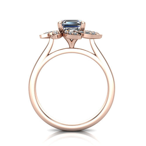 Alondra square emerald floral halo engagement ring in 18K Rose Gold, through-finger front profile showing the petal halo head raised above the smooth band