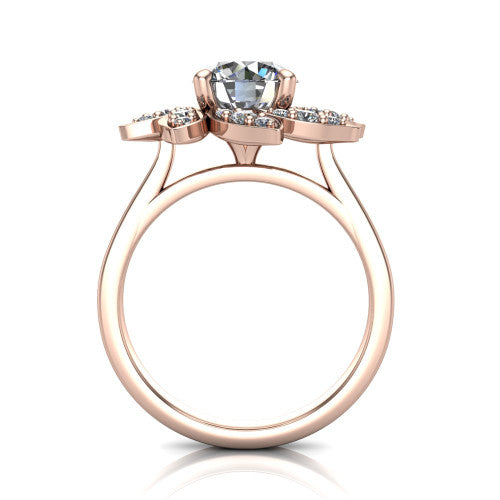 Alondra round floral halo engagement ring in 14K Rose Gold, through-finger front profile showing the petal halo head raised above the smooth band